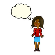 cartoon woman shrugging shoulders with thought bubble N288