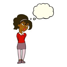 cartoon pretty girl tilting head with thought bubble N6