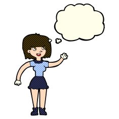 cartoon girl waving with thought bubble N17