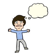 cartoon boy panicking with thought bubble N14