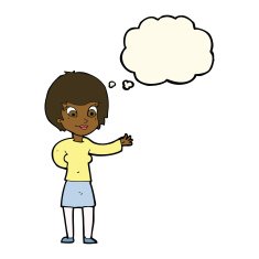 cartoon welcoming woman with thought bubble N7