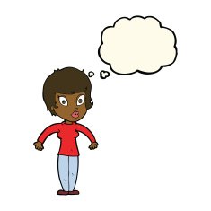 cartoon woman shrugging shoulders with thought bubble N289