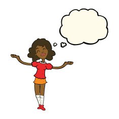 cartoon woman taking praise with thought bubble N6