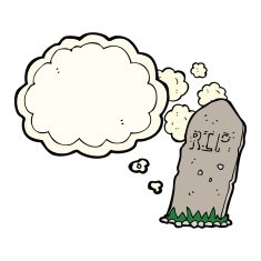 cartoon spooky grave with thought bubble N8