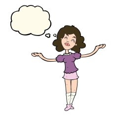 cartoon woman taking praise with thought bubble N7