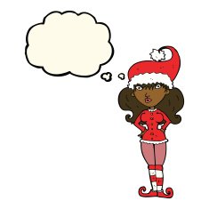 cartoon santa's helper woman with thought bubble N7