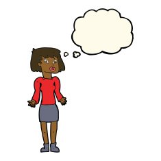 cartoon woman shrugging shoulders with thought bubble N292