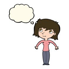 cartoon woman shrugging with thought bubble N38