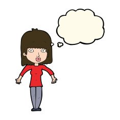 cartoon woman shrugging with thought bubble N39
