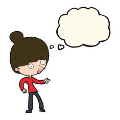 cartoon woman pointing with thought bubble N131