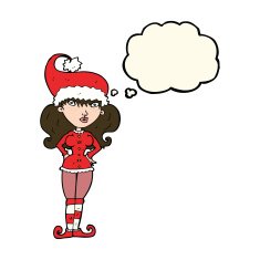 cartoon santa's helper woman with thought bubble N8