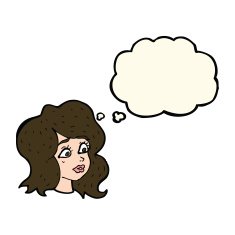 cartoon woman looking concerned with thought bubble N7