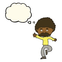 cartoon mustache man disco dancing with thought bubble N7