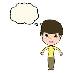 cartoon woman shrugging shoulders with thought bubble N296