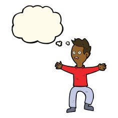 cartoon man panicking with thought bubble N32