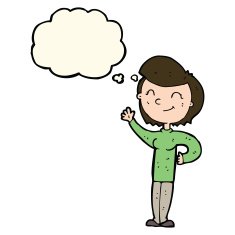 cartoon friendly waving woman with thought bubble N8