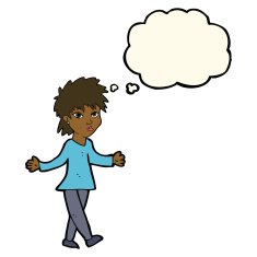 cartoon woman shrugging shoulders with thought bubble N300