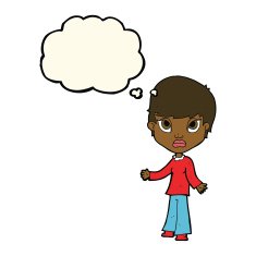 cartoon woman shrugging shoulders with thought bubble N301