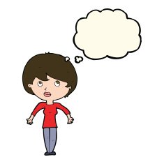 cartoon woman shrugging shoulders with thought bubble N303