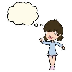 cartoon woman waving with thought bubble N209