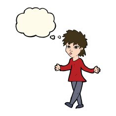 cartoon woman shrugging shoulders with thought bubble N306