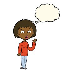 cartoon woman waving with thought bubble N212