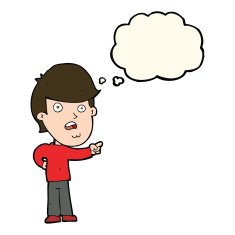 cartoon shocked man pointing with thought bubble N7