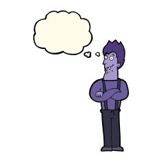 cartoon happy vampire with thought bubble N26