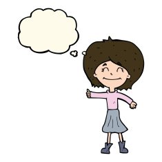 cartoon happy girl giving thumbs up symbol with thought bubble N8