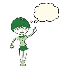 cartoon vampire girl waving with thought bubble N8