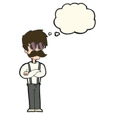 cartoon hipster man with mustache and spectacles thought bu N8