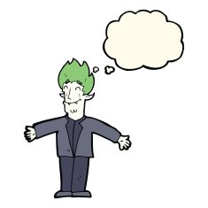 cartoon happy vampire with thought bubble N30