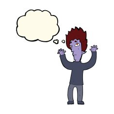 cartoon vampire giving up with thought bubble N7