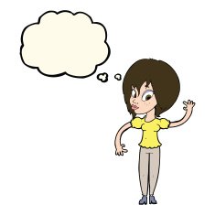 cartoon woman waving with thought bubble N221