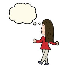 cartoon woman shrugging shoulders with thought bubble N310