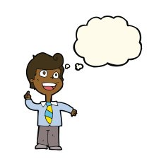 cartoon school boy raising hand with thought bubble N7