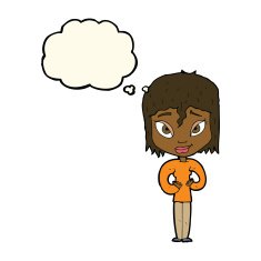cartoon satisfied woman with thought bubble N7