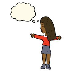 cartoon woman pointing with thought bubble N134