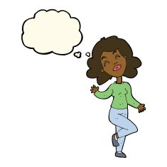 cartoon happy woman dancing with thought bubble N7