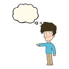 cartoon happy man pointing with thought bubble N41