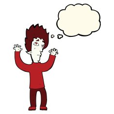 cartoon vampire giving up with thought bubble N8