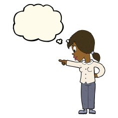 cartoon enthusiastic woman pointing with thought bubble N7