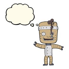 cartoon funny old robot with thought bubble N7