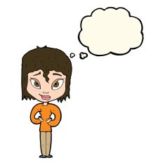 cartoon satisfied woman with thought bubble N8