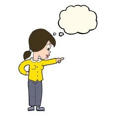 cartoon enthusiastic woman pointing with thought bubble N8
