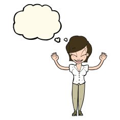 cartoon pretty woman with hands in air thought bubble N8