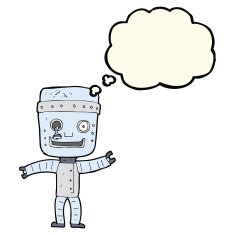 cartoon funny old robot with thought bubble N8