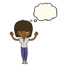 cartoon woman with raised hands thought bubble N7