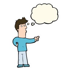 cartoon man pointing with thought bubble N120