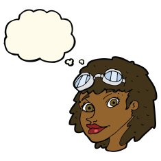 cartoon happy woman wearing aviator goggles with thought bubble N7